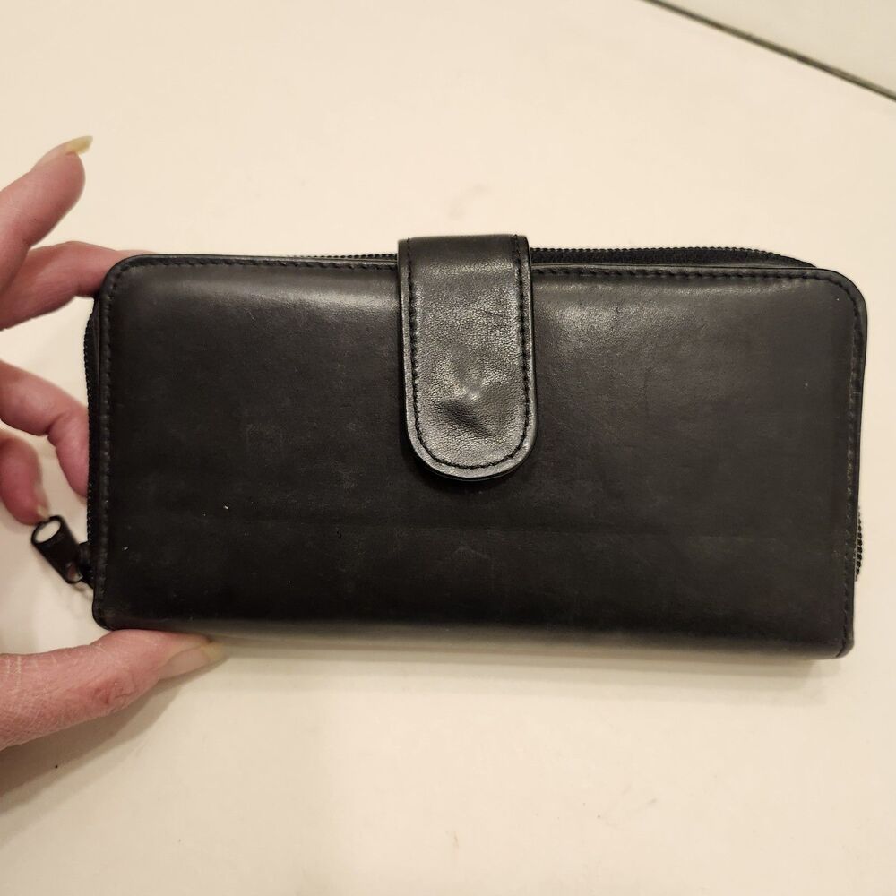 Vintage Black Genuine Leather Zip Around Snap Wallet Organizer with ID Window